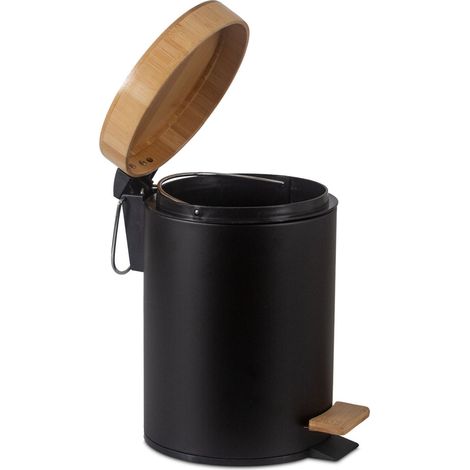 Papelera pedal negra con tapa bambú 3 l