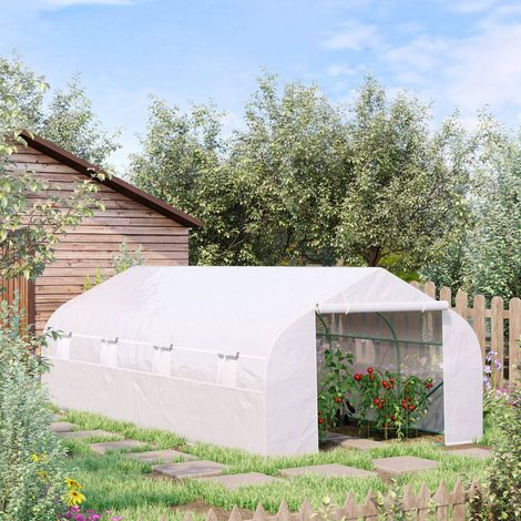 Tunnelgewächshaus (6 x 3 x 2 m) mit 8 Fenstern und Rolltor, inklusive 4 Heringen und 4 Seilen, aus Stahl und PP, weiß