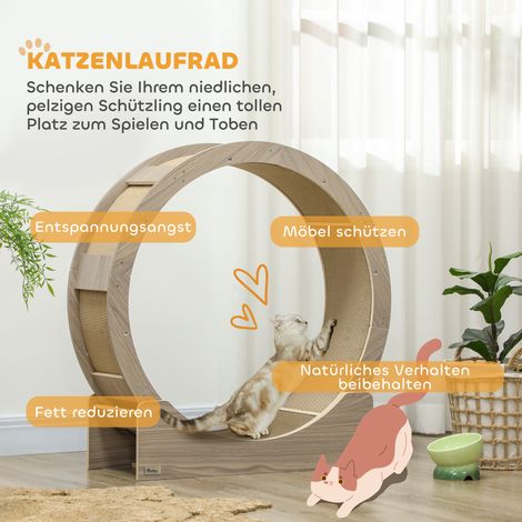 Roue de course pour chat 91 cm avec système de frein et griffoir, tapis intégré, noyer, forme idéale (1/4)