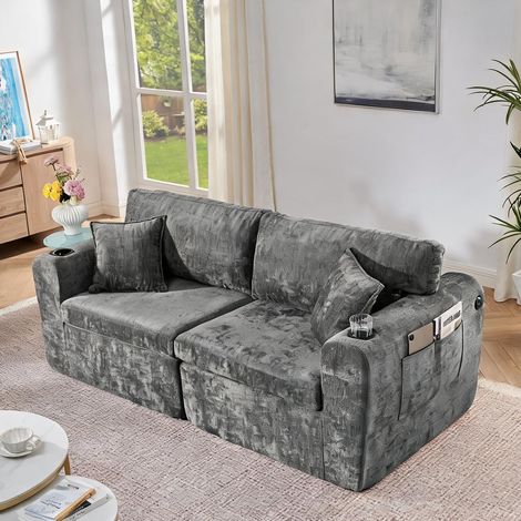Canapé 2 places relax en tissu chenille gris avec rangements (1/5)