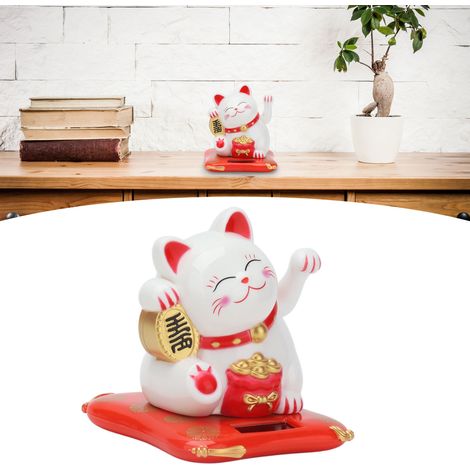 [Decoración] Gato de la suerte con energía solar y brazo oscilante, para el hogar, la oficina, el coche, plástico, 8 cm, blanco (1/5)