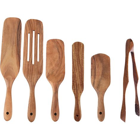 Cuillère En Bois - Spatule En Bois - Cuillère Échancrée - Set De 6 Pièces En Bois D'Acacia - Pour Cuisiner Sans Rayure - Cuisine Domestique (1/5)