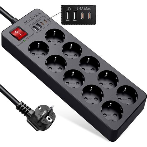 Multiprise Parafoudre et Surtension, Multiprise 10 Prises 4 USB Chargeur  Bloc Prise Multiple avec Interrupteur Sécurité, Montage Murale, Protection Enfant Rallonge Electrique 1,5m Câble, Noir (1/5)