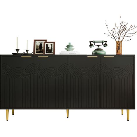 Sideboard mit 4 Türen und Verstellbaren Einlegeböden, Strukturfronten, aus MDF und Spanplatte, Schwarz (1/5)