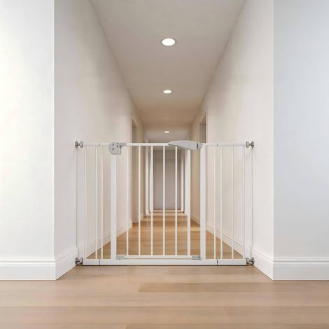 Barrière de sécurité enfants et animaux avec portillon pour chien, 75-115 cm, métal blanc (1/5)