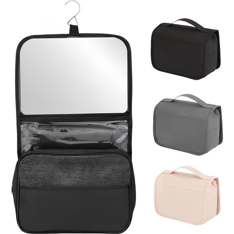 Trousse de Toilette, Pliable Grande Trousse de Toilette Voyage avec Miroir pour Hommes et Femmes, Multifonction Imperméable Sac Cosmétique Organisateur de Voyage avec Crochets (Noir) (1/5)