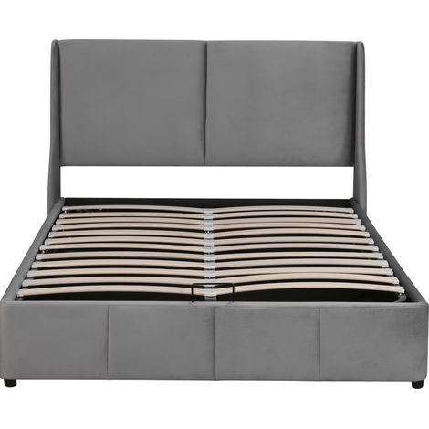 Cama doble tapizada con arcón hidráulico 140 x 190 cm en terciopelo gris HOMVRA (1/5)