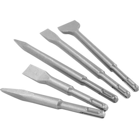 Juego de cinceles planos/punta con vástago SDS Plus - 5 piezas para martillo perforador eléctrico para agrietar azulejos/hormigón/mampostería (1/5)
