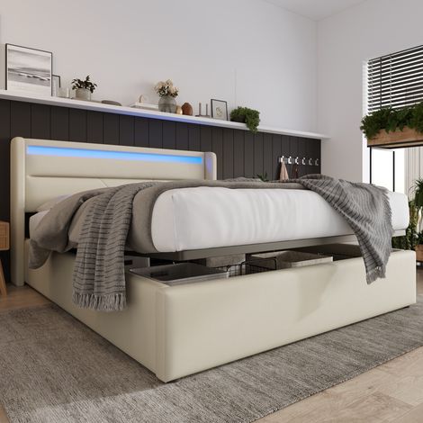 DESVIAE Lit coffre hydraulique 160 x 200 cm avec tête de lit LED télécommande revêtement PU blanc rangement sous sommier lit double blanc (1/5)