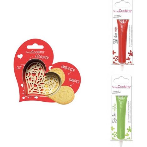 Kit pour biscuit en relief Coeur + 2 Stylos au chocolat rouge et vert clair (1/3)
