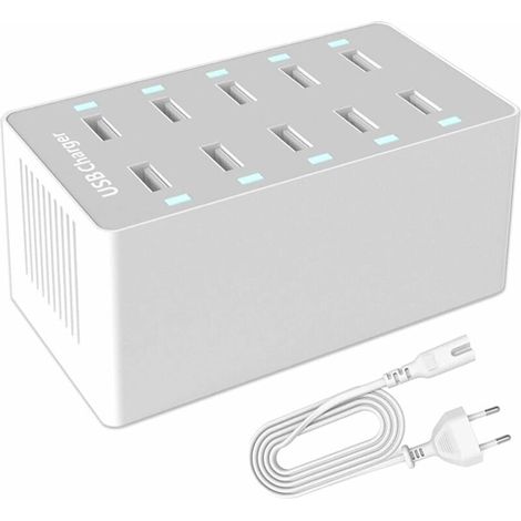 Osqi – 50-W-USB-Ladegerät mit 10 Anschlüssen – Intelligente Geräteerkennung – Kompatibel mit iPhone, Galaxy und Tablets – Feuerhemmendes PC-Material