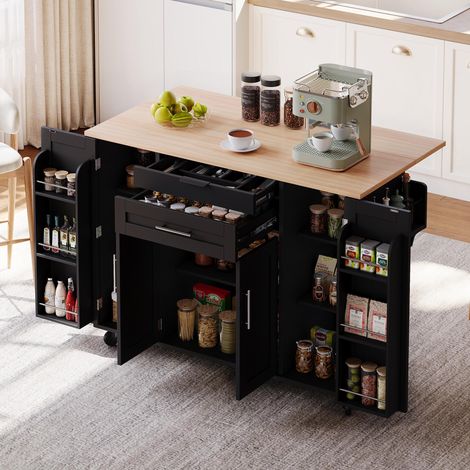 Îlot de cuisine mobile 120×45cm, plan extensible 70cm. Tiroir à couverts, étagères réglables, porte-épices et porte-serviettes. Pour cuisine, salle à manger, salon.