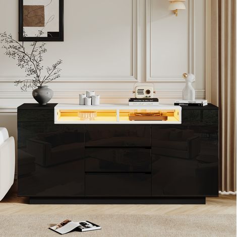 Credenza 140/40/68 cm nera con LED, 3 cassetti e frontali lucidi (1/5)