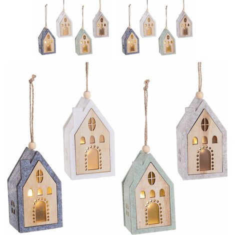 Casette Natalziie luminose da appendere in legno e panno - Set da 8 addobbi per l'albero (1/4)