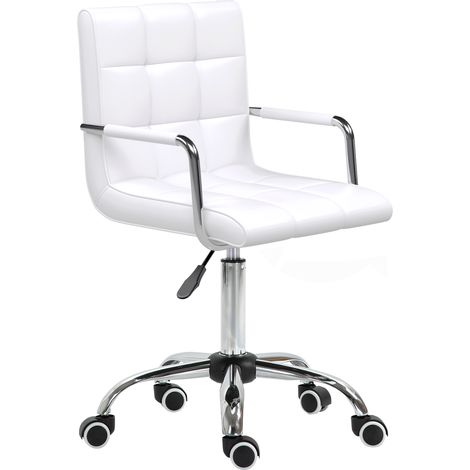 Makeup Vanity Chair, PU Lear Mid Back Office Chair with Adjustable Height, Armrest and Rolling Wheels, White (1/5)