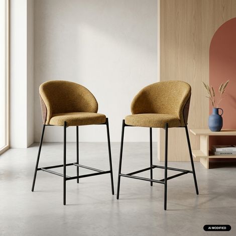 sweeek - Lot de 2 tabourets de bar bois de peuplier teinté noyer. acier noir et tissu texturé moutarde - Paul (1/5)