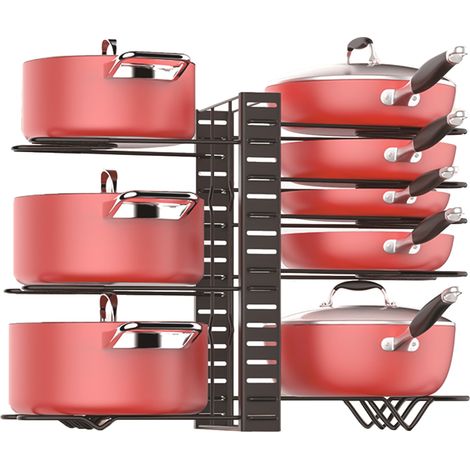 Organizador de ollas y sartenes para el armario, estante de 8 niveles para una organización óptima de la cocina, 3 métodos de montaje, soporte metálico ajustable para tapas y sartenes. (1/5)