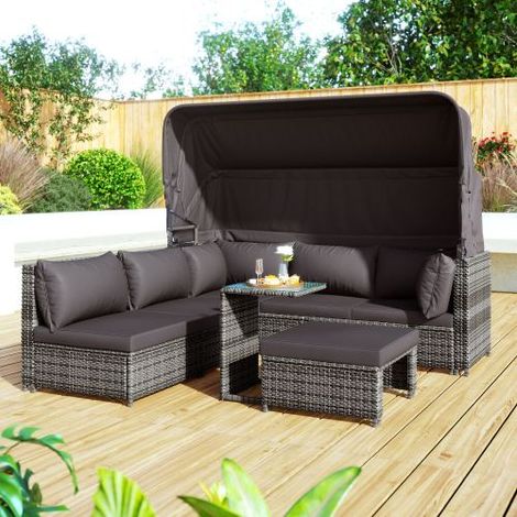 Salon de jardin en rotin tressé avec auvent, canapé, poufs, fauteuils et table – mobilier de terrasse et balcon, résistant aux intempéries – gris (1/5)