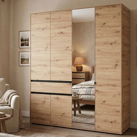 Großer Kleiderschrank, Schlafzimmerschrank 4 Böden, 1 Schublade, Kleiderstange, 183x211h cm, Braun, Knoten-Eiche (1/5)