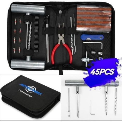Kit Réparation Tubeless - 45 Pièces - Outils d'Urgence pour Voiture Moto Camion - Noir (1/4)