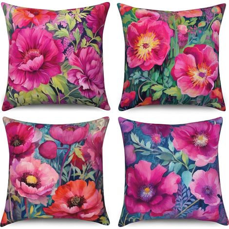 CCYKXA Retro-Blumenkissenbezug 45 x 45 cm, 4er-Set, geölte rote Blumensofakissen, dekorativer, waschbarer Leinenbezug (1/5)