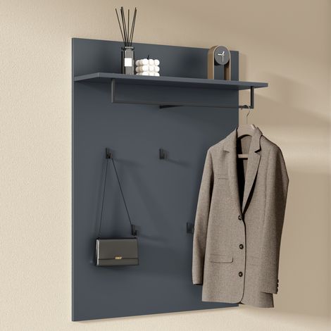 doporro Porte-Manteau Mural Panneau à Accrocher en Bois avec 5 Crochets pour Dressing Couloir Entrée 78 x 21,6 x108 cm Panneaux à Vêtements Portemanteaux Gris Noir Mat Design Gabo-01