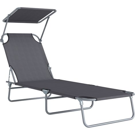 Transat solaire pliable chaise longue inclinable multi-positions grand confort avec pare-soleil ajustable gris dimensions 187 x 58 x 36 cm (1/5)