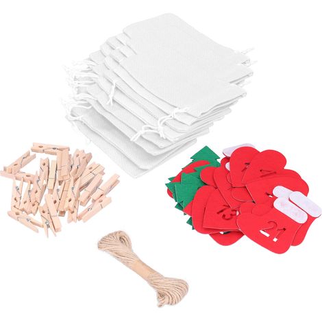 Set aus 24 kleinen Leinenbeuteln für Adventskalender, Weihnachtsdekoration, Glückszahlen, weiße Geschenktüten für Süßigkeiten und kleine Geschenke (Modell: Leinenbeutel mit Accessoires, durchbrochene (1/5)