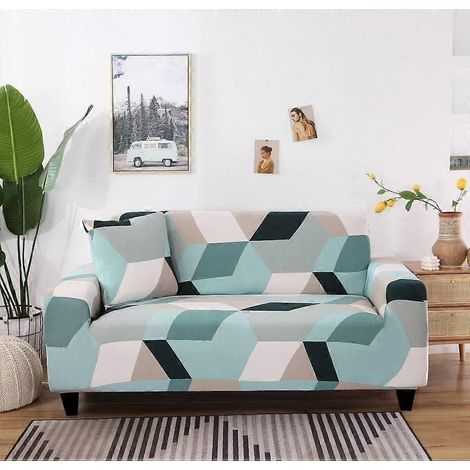 Housse extensible pour canapé 4 places - Protection universelle pour fauteuil, motif à blocs de couleur claire (1/5)