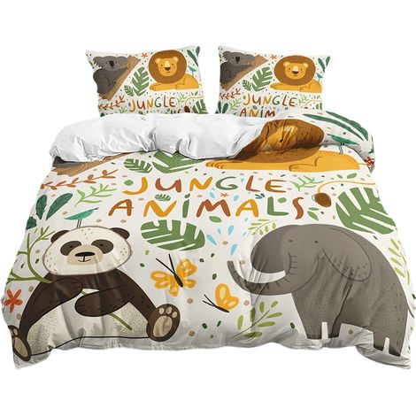 Housse De Couette Enfant - 140x200 Cm - Motif Animaux Jungle - Avec 2 Taies Doreiller 50x75 Cm