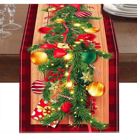 1 Chemin De Table Noel 183 x 33cm, Decoration Noel Table, Chemin De Table Rouge Noel avec Imprimé Arbre De Noël, Bonbons De Noël et Cloches de Noël, pour Deco De Table Noel, De Salle à Manger, De Mais (1/5)