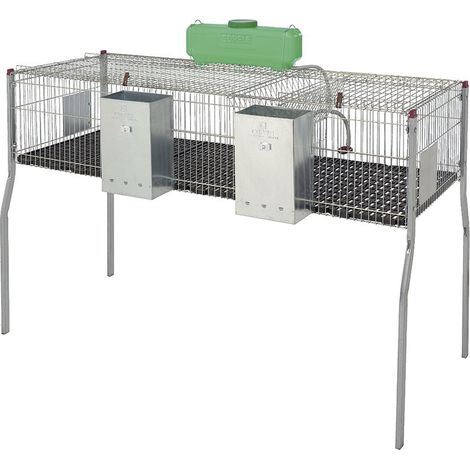 Gabbia per conigli zincata con tramogge e abbeveratoi, 2 scomparti, pavimento in plastica, 157x63x98 cm