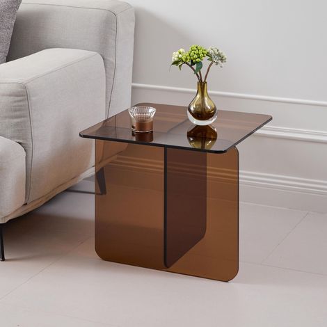 Table d'appoint en verre trempé brun courbé, table de chevet transparente, table basse (1/5)