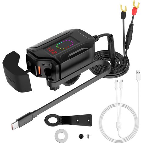 Prise USB Moto étanche avec 70cm Câble Type-C Rétractable QC3.0 18W + PD 30W,12V/24V Chargeur de Téléphone Portable Charge Rapide avec Interrupteur et 6-30V Voltmètre LED pour Bateau Caravane (1/5)