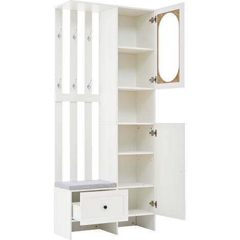 ELVMI Meubles d'entrée avec 2 Armoires, 1 Tiroir, 10 Niches, 6 Crochets et Banc à Chaussures, pour Entrée, 85 × 33,5 × 200 cm, Blanc (1/4)