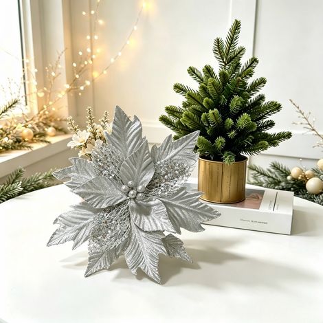 Weihnachtsdekorationen, Weihnachtsstern, Goldpuder, Perlen-Weihnachtsbaumzweige, bunte Stoffblumenköpfe, DIY-Dekorationen