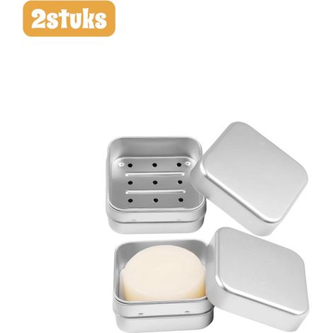 Lot de 2 boîtes à savon - Porte-savon - Boîte à savon double compartiment - Carrée - Aluminium - Boîte à savon avec trous de drainage - Portable - Évacuation de l'eau - Accessoires d'extérieur - Argen (1/4)