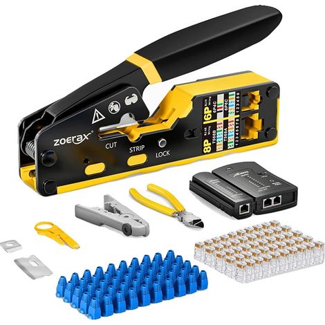 Kit de herramientas de crimpado, multifuncional, incluye comprobador de cables, color amarillo. (1/5)