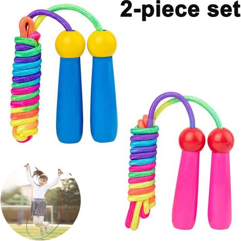 Corde à sauter réglable pour enfants, lot de 2, 240 cm, avec poignée en bois (1/5)