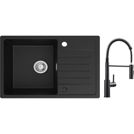 Lavello 1 vasca con gocciolatoio, Lavello Cucina in Quarzo e Resina 78x45 cm Lavello Nero + Miscelatore Cucina a Molla con Doccetta Estraibile, 2 Modalità Uscita Acqua, Nero (1/5)