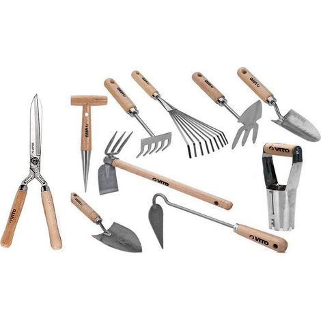 Kit 10 outils de jardin Manche bois Inox et Fer forgés à la main Haute qualité VITO