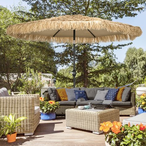 Ombrellone da giardino per esterni con frange, orientabile con apertura e chiusura a manovella, 2,65 m, color kaki