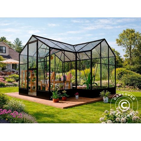 Orangerie, Gewächshaus Polycarbonat/Glas, 14,75m2, 3,83x3,85x2,61m inkl. Sockel, Schwarz - Dancover