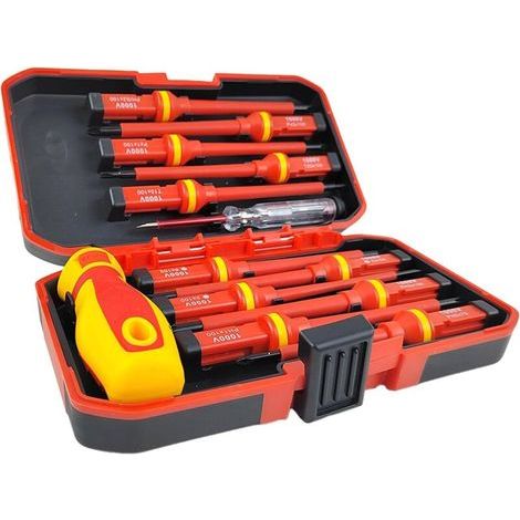 13 pièces Jeu de Tournevis, 1 Manche de Tournevis Isolé + 11 Tournevis Interchangeables + 1 Tournevis Avec Testeur de Tension, Magnétique Tournevis de Precision, pour le Montage et le Démontage (1/5)