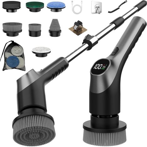 Brosse Nettoyage Electrique, 7 en 1 Brosse Rotative Nettoyage IPX7 Étanche Nettoyeur de Douche, 2 Vitesses et Manche Réglable pour Salle de Bain, Cuisine (Noir) (1/5)