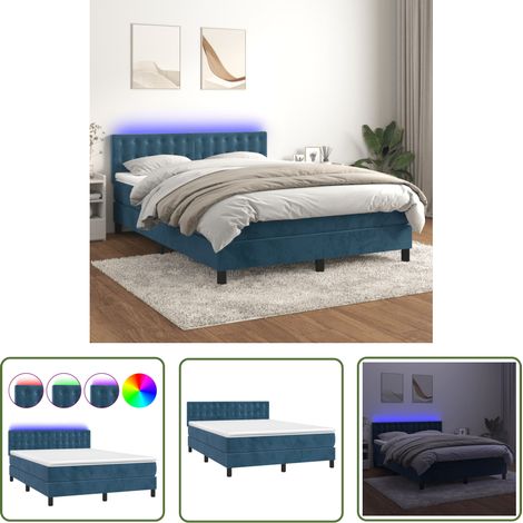 The Living Store Sommier à lattes de lit avec matelas LED Bleu foncé 140x190 cm - Lit Plateforme - Lit Design - Lit Velours - Lit Avec Led - Tête De Lit Ajustable (1/5)