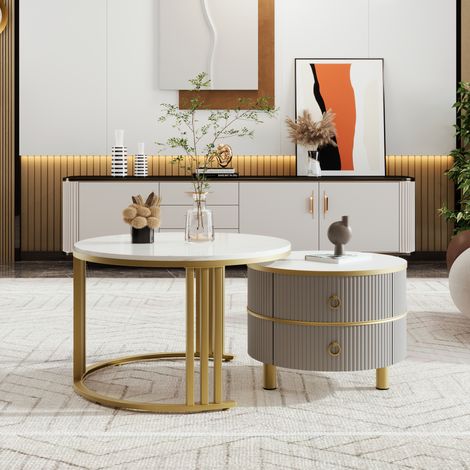 2-in-1 MDF round coffee table and 1 side table with white marble top,  707046 + 505040 cm (White and Grey) (1/5)