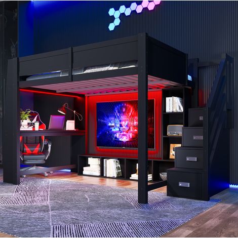 Letto a soppalco 278.5x145x170 cm, con scrivania, scala contenitore, illuminazione LED, MDF e compensato, nero (1/5)