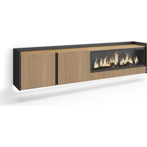 Skraut Home - TV-Schrank, Lowboard, für Wohnzimmer und Esszimmer, 212x50x35 cm, Für TV-Geräte bis zu 80", Elektrokamin XXL, Hängend, Led, Moderner Stil, Eiche Schwarz (1/4)