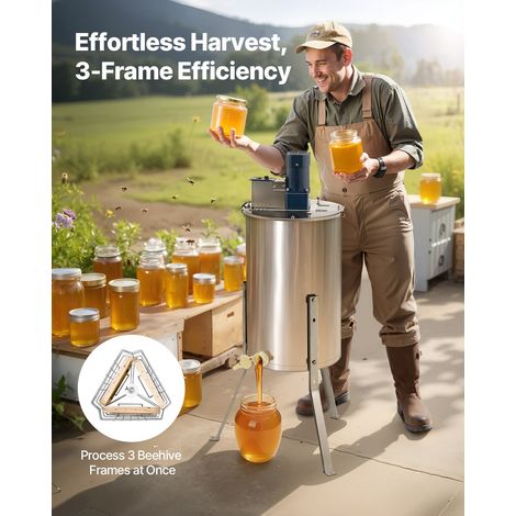 Extracteur de Miel Électrique à 3 Cadres Centrifugeuse Séparateur Miel Acier Inox avec Couvercle Transparent, 140 W, Hauteur Réglable, Équipement d'Extraction de Nid d'Abeilles pour Apiculture (1/5)